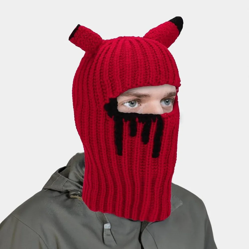 Halloween Horns Creative Knitted Beanies Face Cover Mask Windproof Balaclava Hat